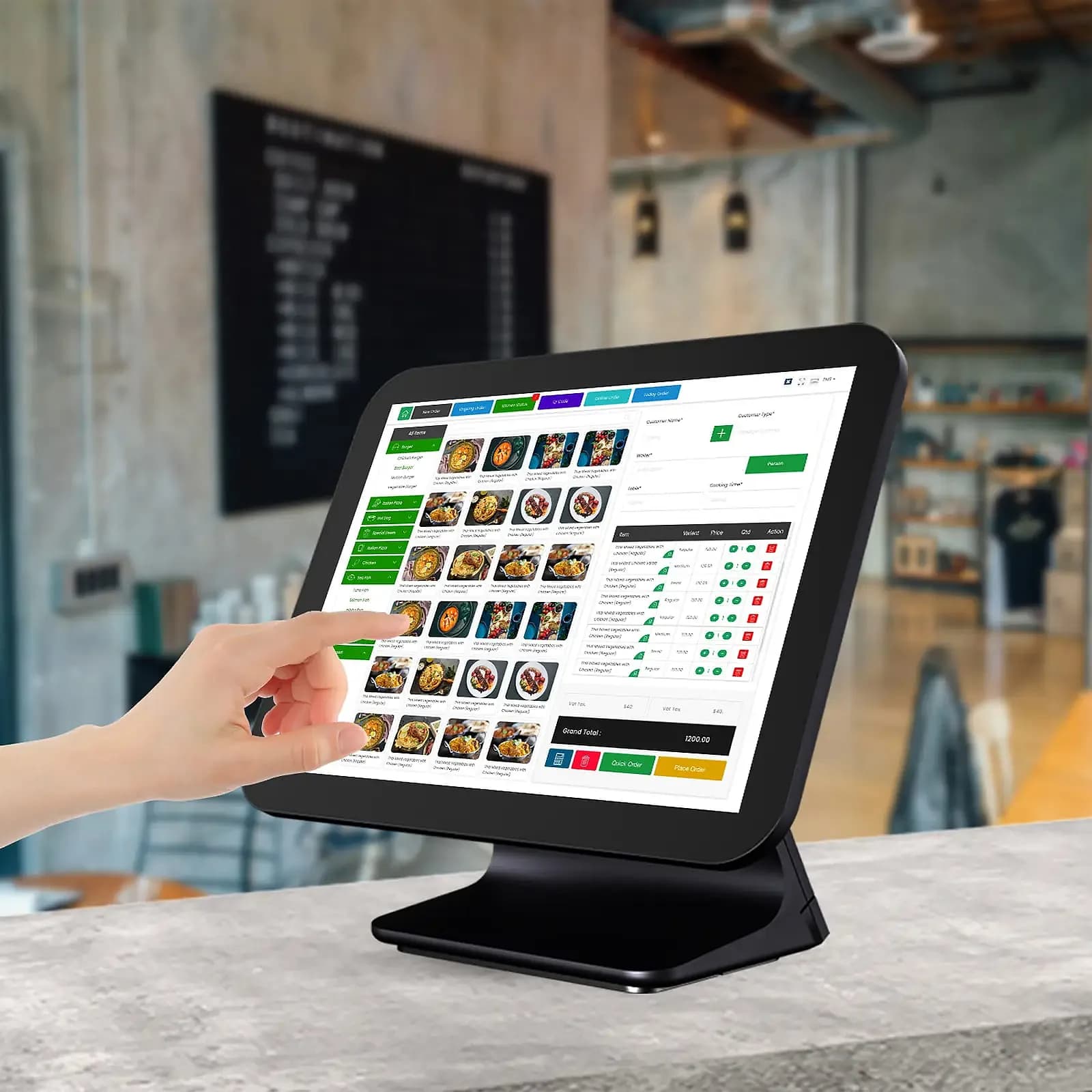 Pacific POS touchscreen terminal showing the AI ordering interface in a restaurant