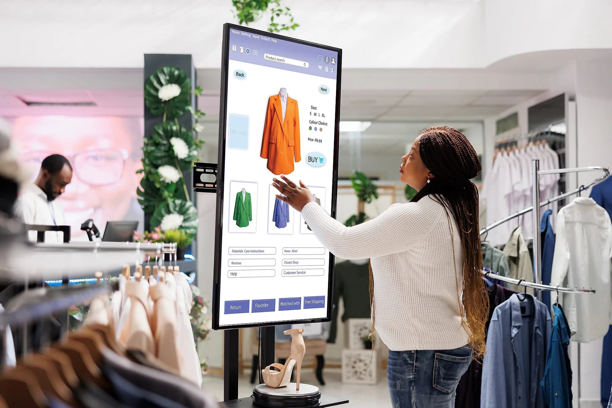 Shopper browsing stock on an in-store self-service screen