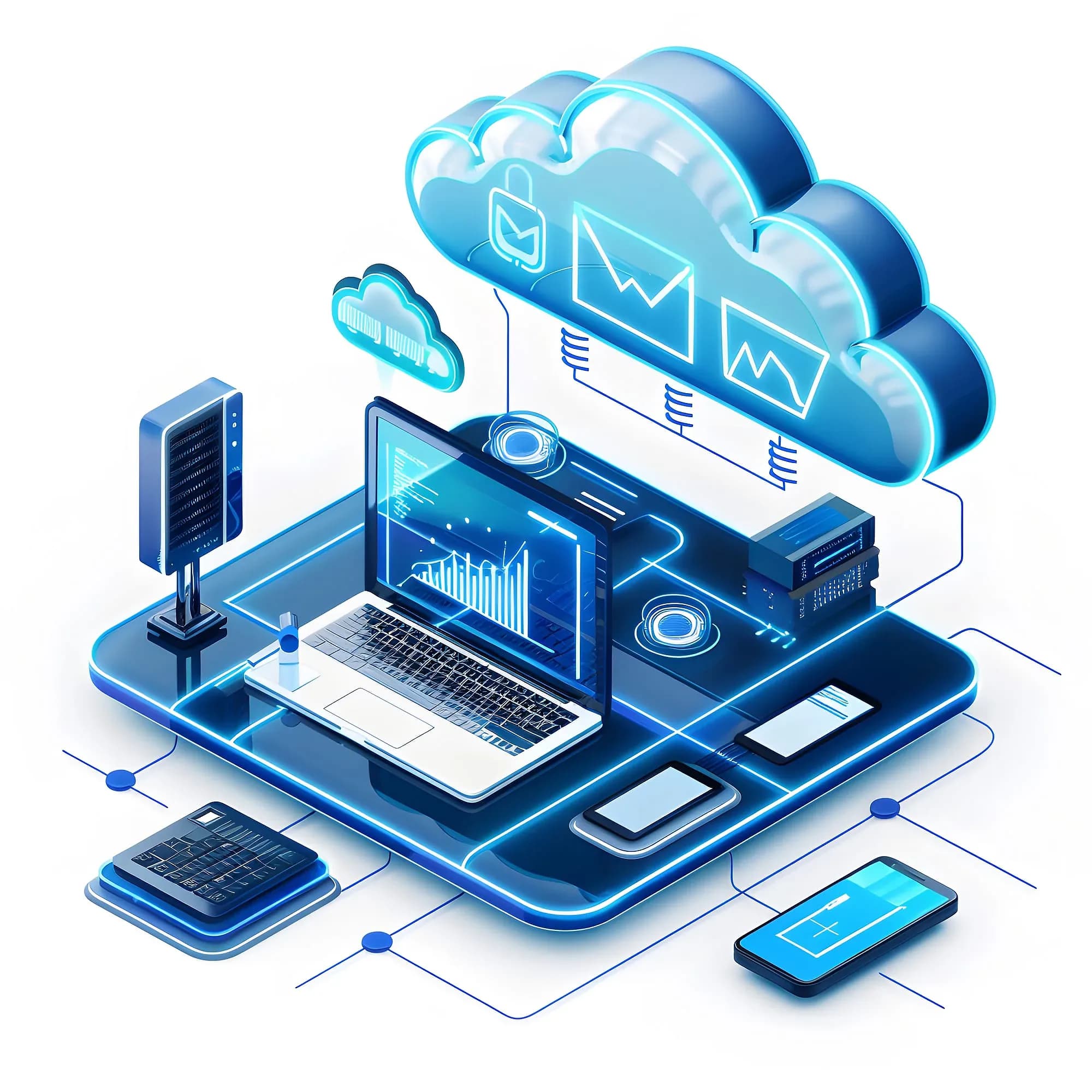 Diagram of a hybrid cloud environment linking servers, laptops, and mobile devices