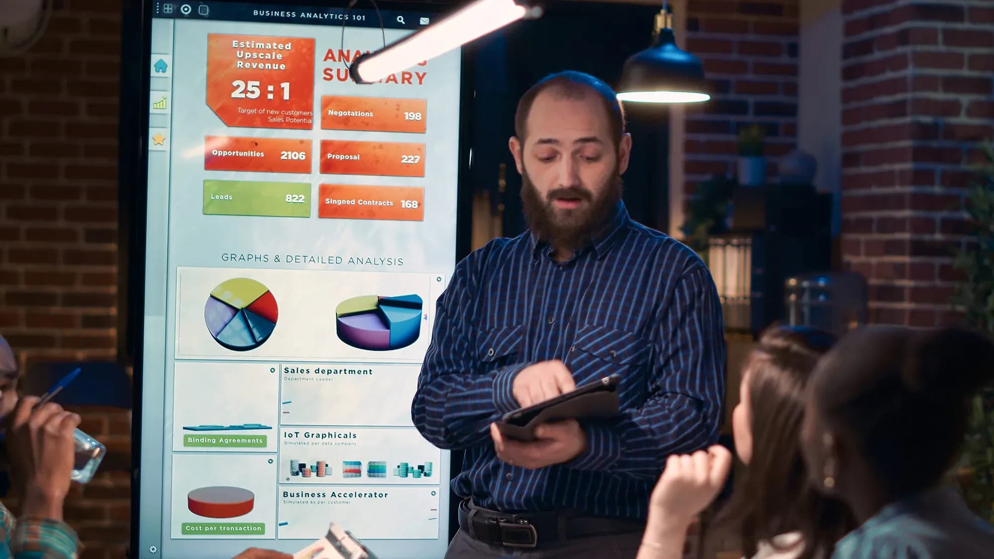 Manager presenting site performance figures to a back-office team